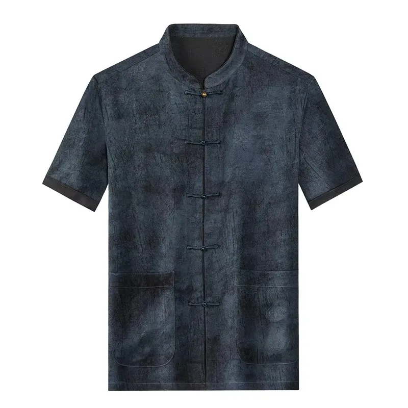 Luxurious Tang Costume Skin-Friendly Shirts For Men Frog Button Summer Quality Geniune Silk 100% Short Sleeved Camisas De Hombre