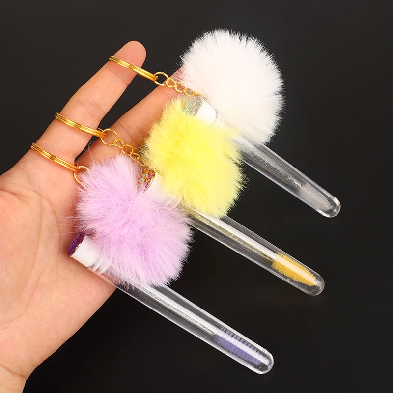 1pcs Tube Eyelash Brush With Gold Keychain & Fluffy Fur Pom Pom Ball Lash Extension Makeup Brush Eyebrow Comb Beauty Tools