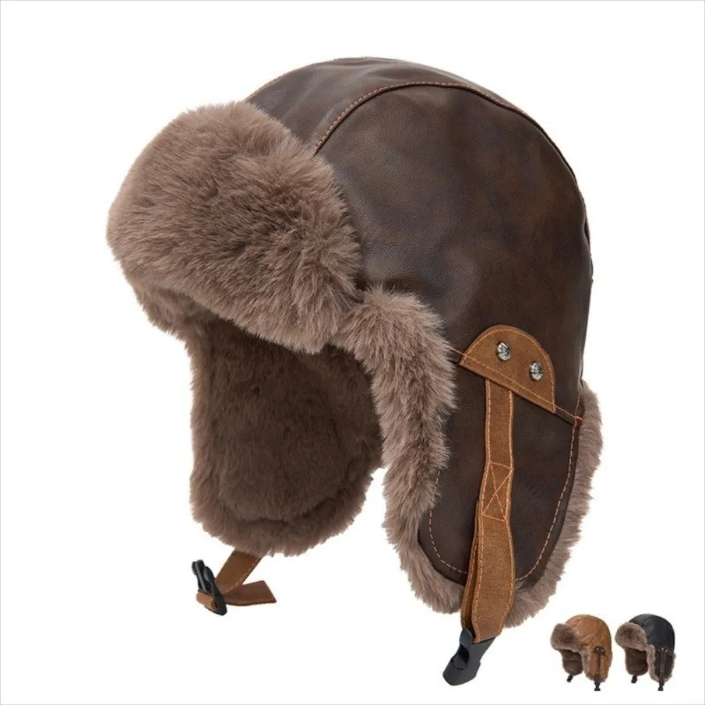 

Vintage PU Leather Motorcycle Hat Thickened Windproof Trapper Hat Ear Protection Winter Warm Pilot Hat