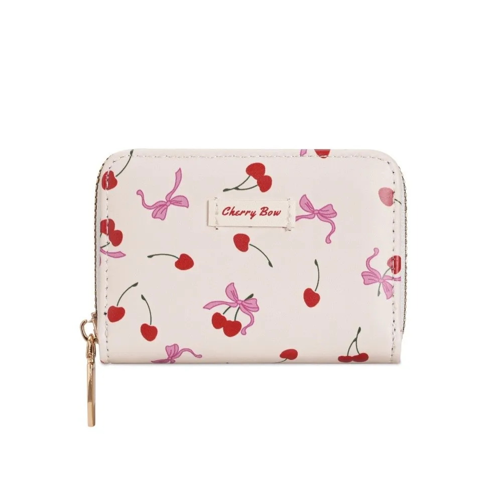 New Cherry Short Wallet PU Leather Large Capacity ID Card Holder Lightweight Bowknot Card Bags women