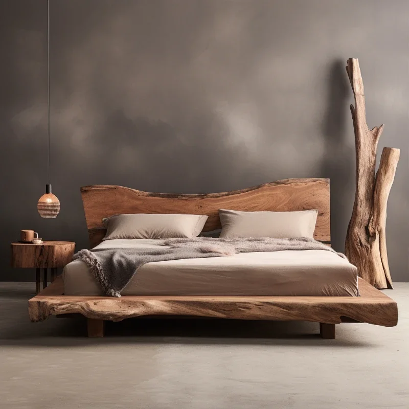 

Full solid wood bed log wind modern simple wabi-sabi wind double bed 1.8 meters log tatami