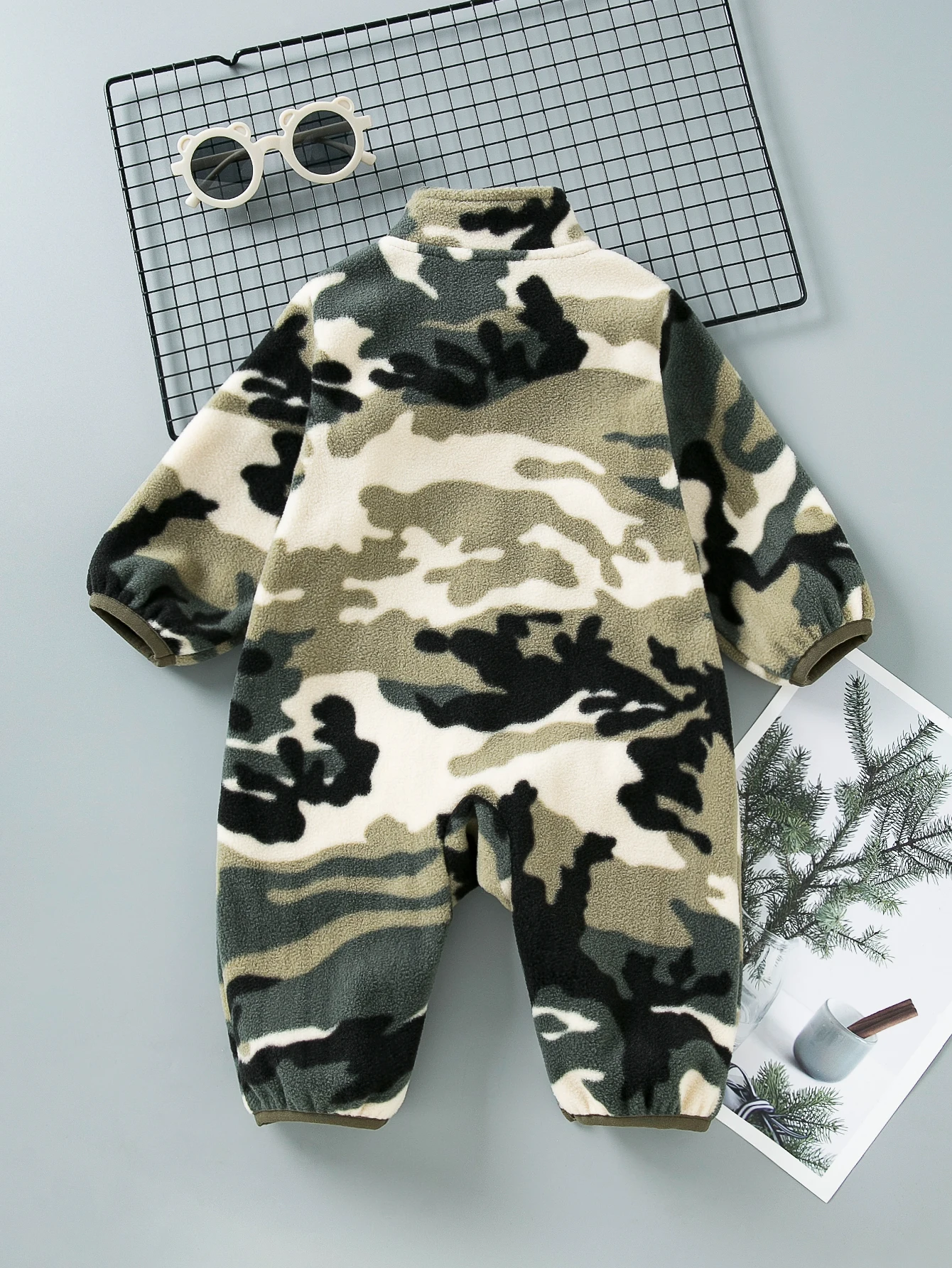 Baby Romper Camouflage Fleece Half Zip Orange Accent Winter Cozy Jumpsuit Newborn Boy Long Sleeve Warm Onesie Outfit