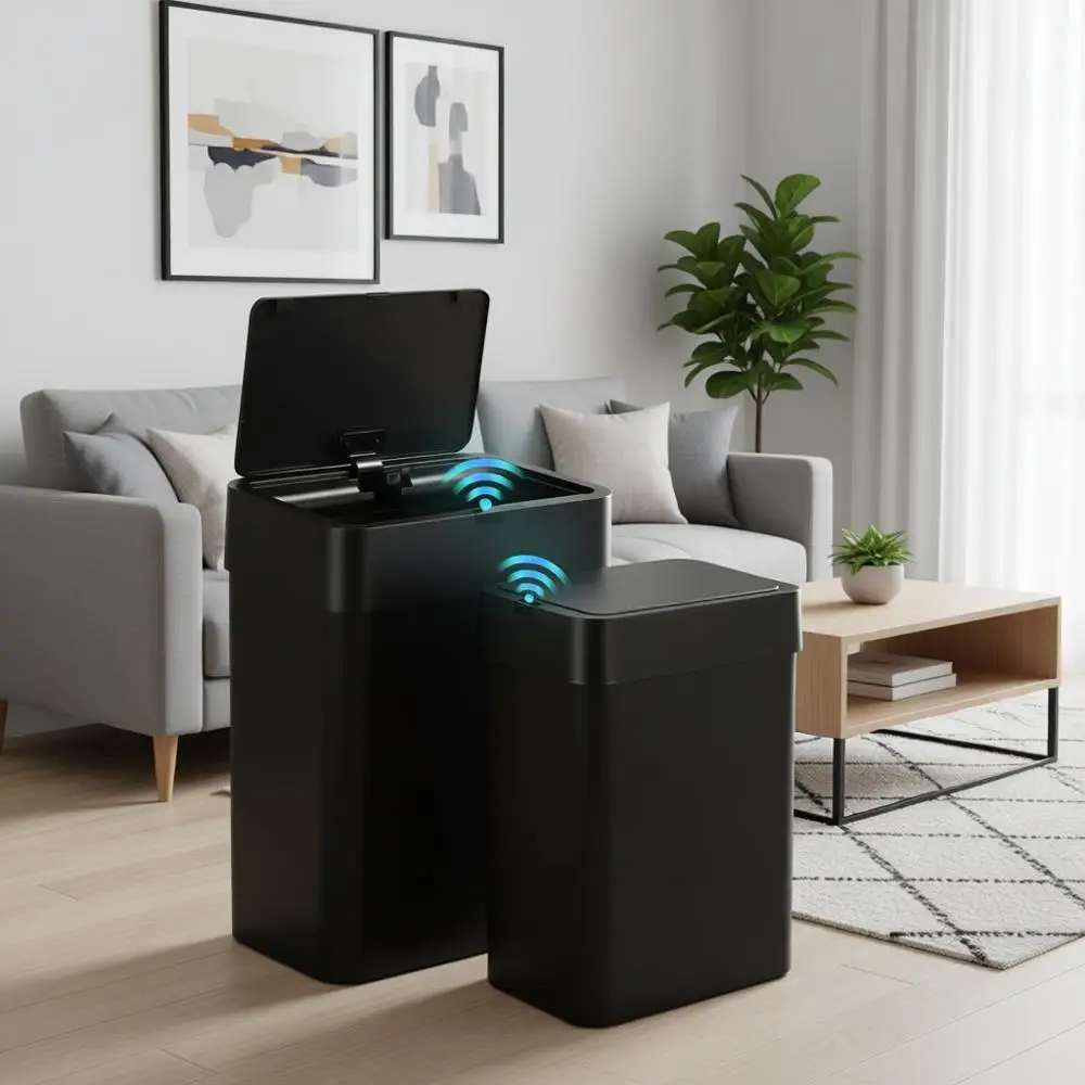 

Набор из 2 мусорных баков для ванной комнаты с крышкой - 2,5 и 4 галлона, с датчиком движения, умный контейнер для мусора, водонепроницаемый тонкий мусорный бак, автоматический.