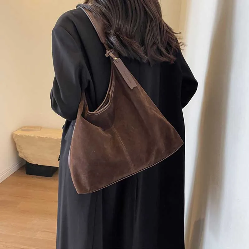 Bolso Hobo de gamuza para mujer, bolso de hombro clásico, bolso de Otoño Invierno, bolsos de compras de gran capacidad de Color sólido, bolso para mujer