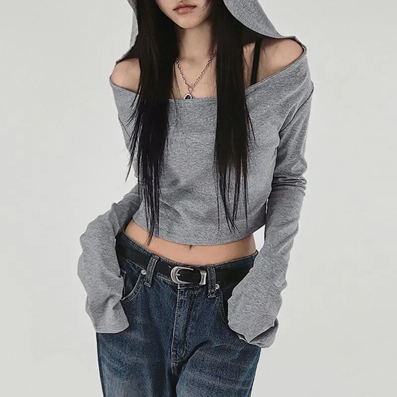Fashionable Y2K Hot Girl Off Shoulder Hooded Long Sleeved T-Shirt Creative Casual Versatile Sexy Knitted Tops Spring New Item