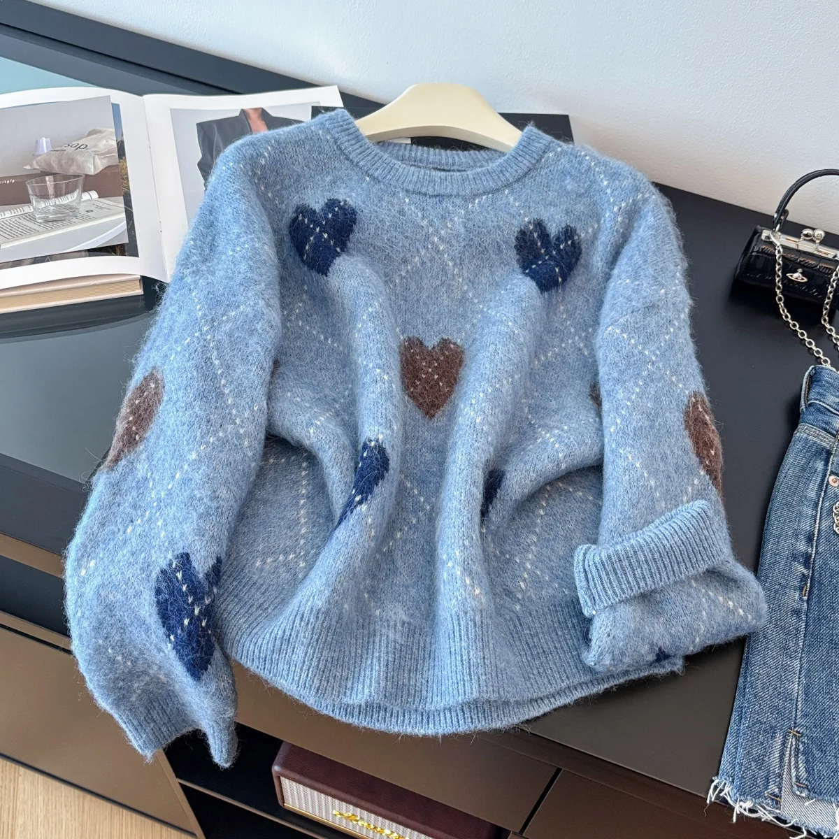 

Women's Blue O-Neck Pullover Checked Sweater Outerwear Vintage Jumper Knit Long Sleeves Cashmere Sweater For Women 2000s Clothes