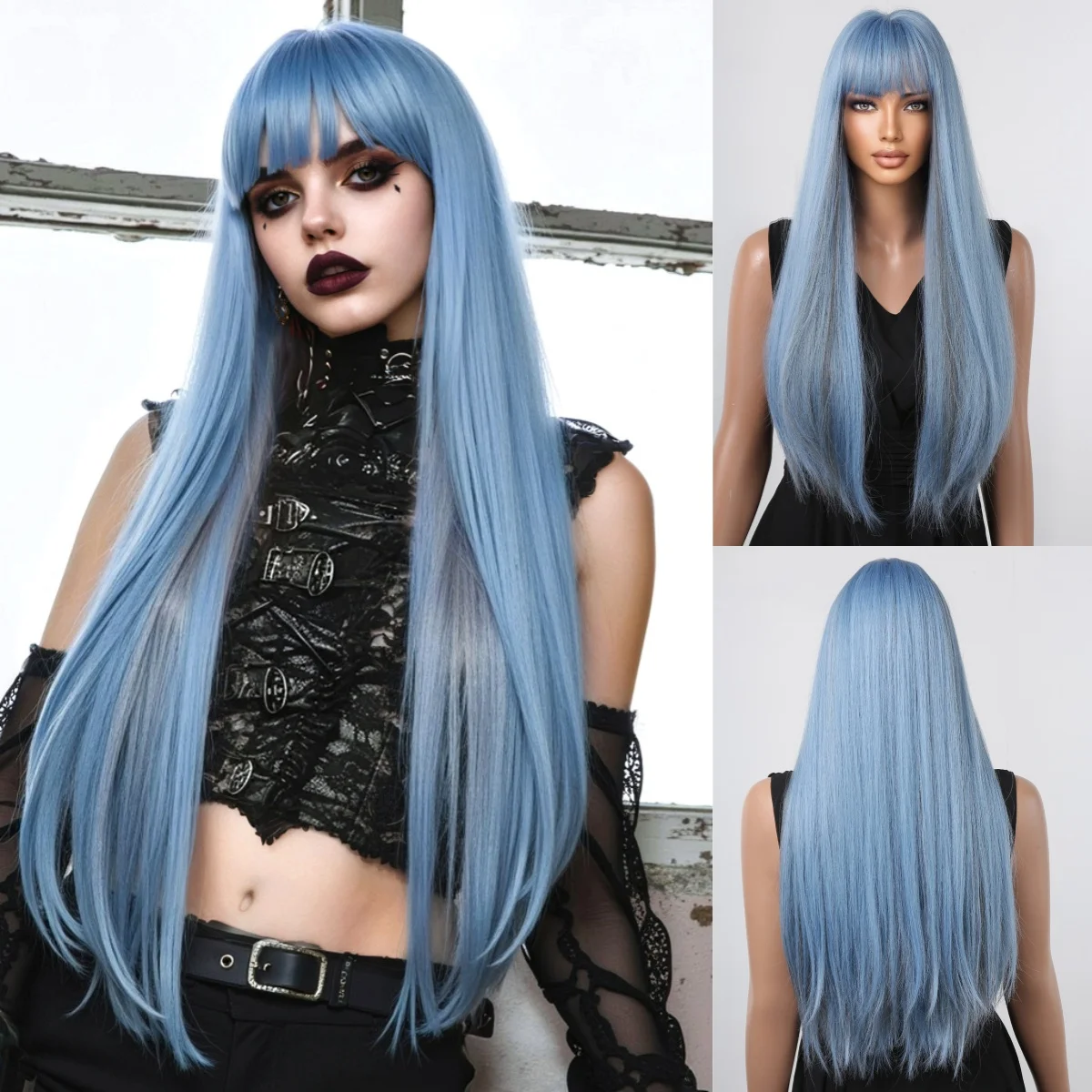 Schwarze Highlight-Rosa-Synthetik-Perücke mit Pony, lange gerade schwarze Highlight-rote Perücke für Frauen, Cosplay, Party, Weihnachten, 66 cm – Detail 10