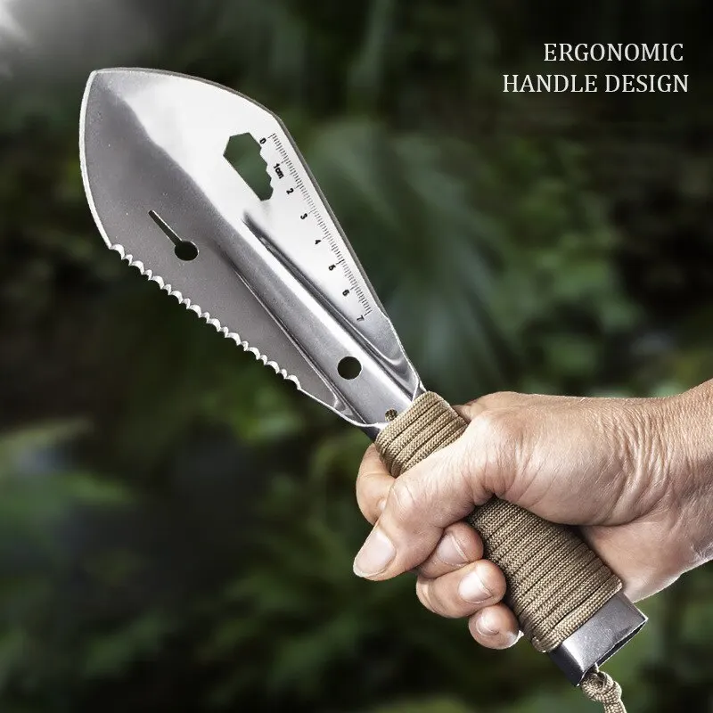Pala da giardino in acciaio inossidabile vanga Multi Tool Weeder con dente di sega chiave esagonale righello scavare cazzuola coltello lancia giardino Bonsai