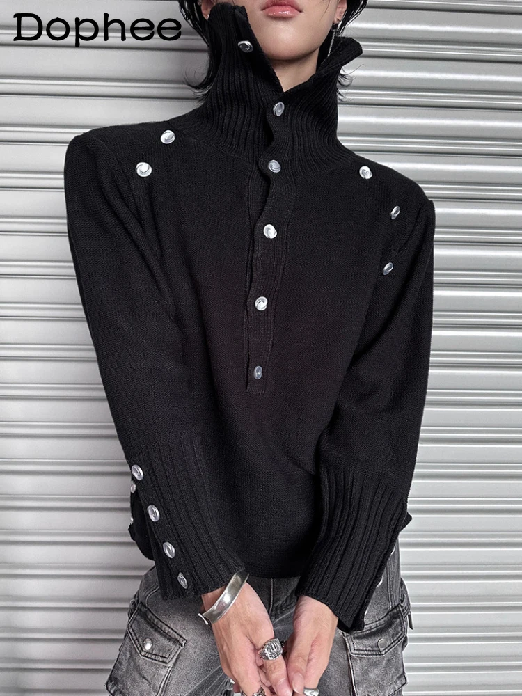 

Men's Trendy Long Sleeve Sweaters 2025 Autumn Winter New High Collar Versatile Knitted Jackets Loose Button Decoration Knitwears