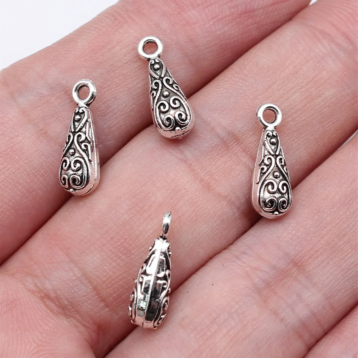 WYSIWYG 20pcs 15x5x5mm Antique Silver Color Carved Water Drop Charms Accessories For DIY Jewelry Making Jewelry Findings