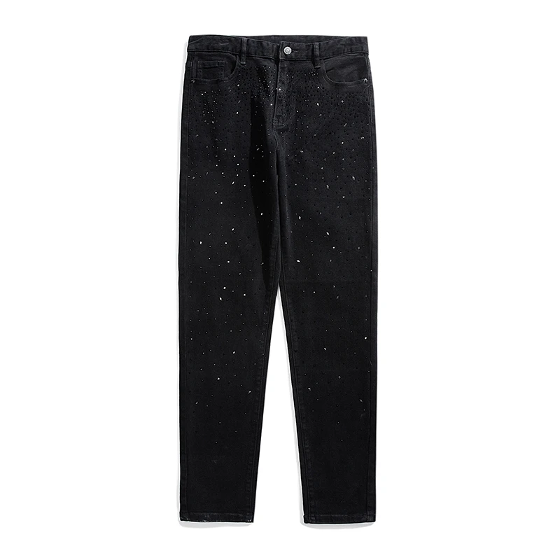 Celana Jeans Pria Trendy Bertabur Rhinestone Super Keren Model Slim Fit Panjang High Waist Ritsleting Kasual Musim Panas untuk Remaja