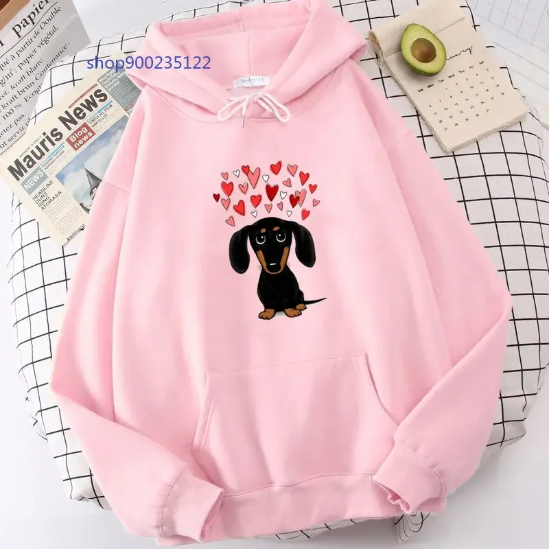 Dachshund Heart Hoodies Woman Cute Cartoon dog Hooded Oversized Unisex Hoodie Sweatshirt Casual Tops Winter Clothes Women