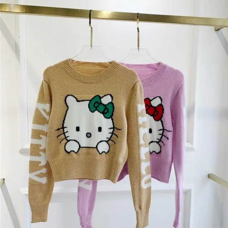 Sanrioed Hello Kitty Long Sleeve Knitwear Fashion Crop Tops Women Sweater Slim Fit Korean Cartoon All Match Round Neck Pullovers