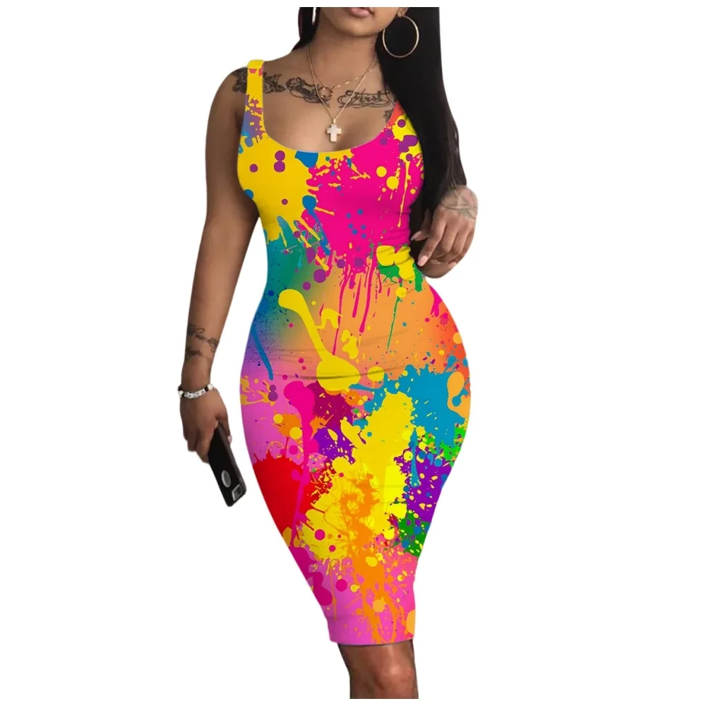 Sexy Ladies Colorful pigment print crew neck sleeveless sheath dress Party sheath Dress Ladies sheath dress Casual dress