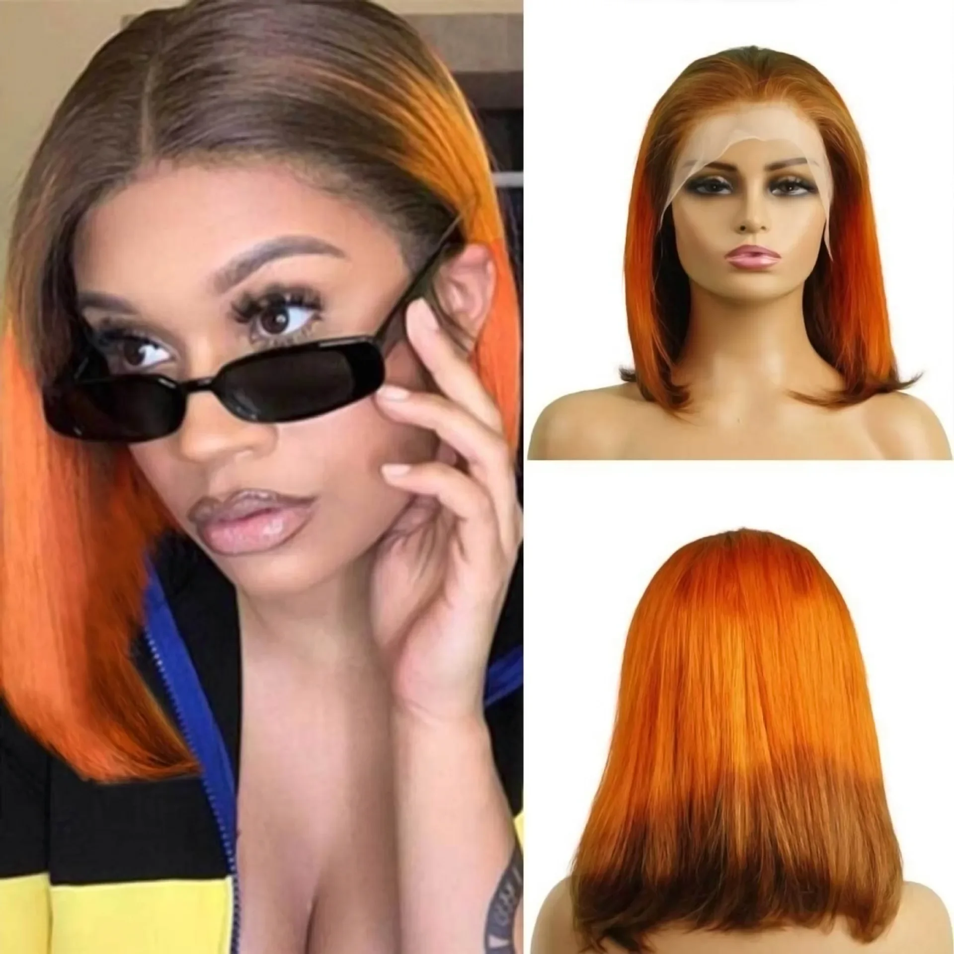 Real hair natural full head wig 13 * 4 lace orange gradual change full real hair