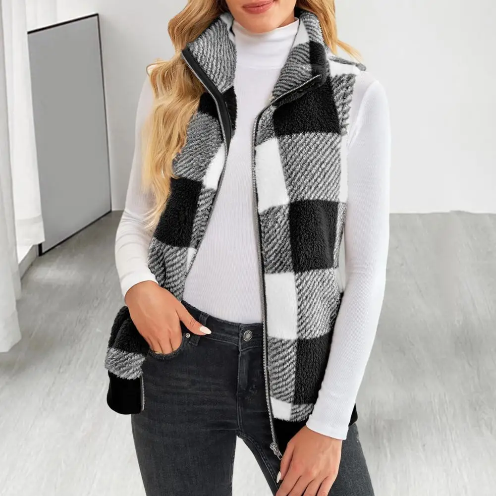 Autumn Winter Plaid Fleece Hoodie Vest Women's Cardigan Fashion Stand Collar Simple Casual Pocket Sleeveless Female Office Coat