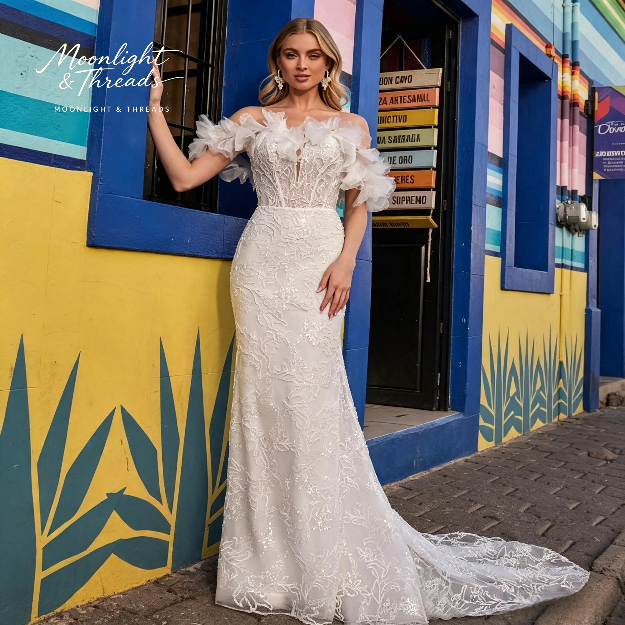 Elegant white mermaid wedding dress with exposed shoulders 3D floral appliqués and fishbone waistband for the bride view 2