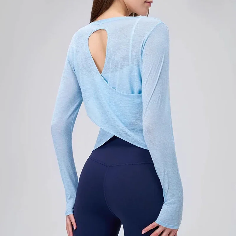 Autumn Thin Loose Long Sleeve Gym Breathable Yoga Blouse Hollow Beauty Back Running Cross Yoga Clothing Fitness Pilates Top Sui