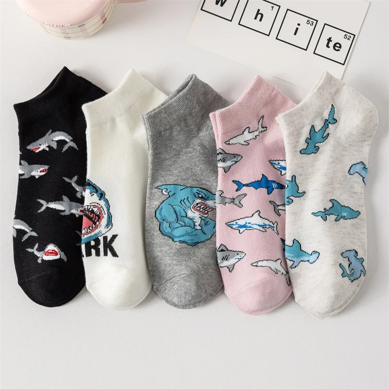 5/10 Paar Bootsocken mit Haifischmuster und flachem Mund, kurze Cartoon-Tiersocken für Paare, atmungsaktive Socken