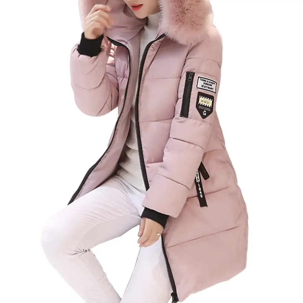 Frauen Winter Pelz Kragen Mit Kapuze Parka Mode Brief Patch Zipper Taschen Design Lange Jacke Elegante Dünne Warme Dicke Weibliche Mäntel