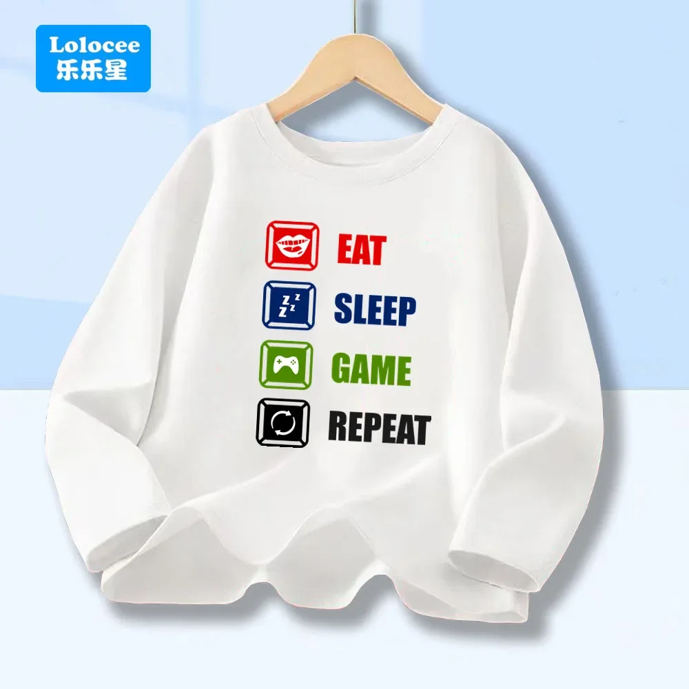 Eat Sleep Repeat T Shirts Funny Game Spring Cotton Casual Tees Boys' Round Neck Long Sleeve Tops Gifts YX02