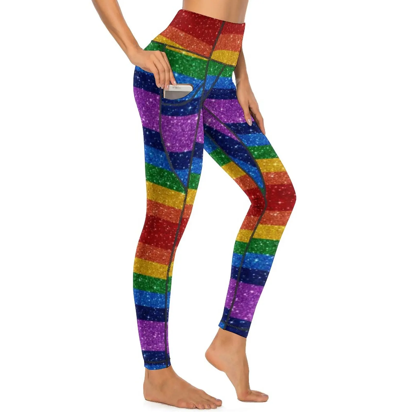 Bling Me Up Rainbow Yoga Pants Pockets Striped Pop Art Glitter Leggings Sexy Push Up Yoga Sports Tights Quick-Dry Gym Legginsy