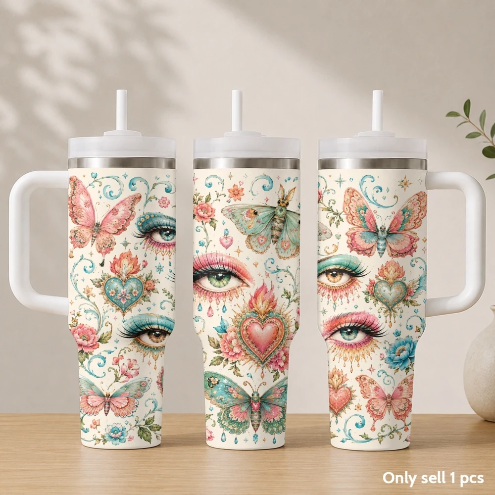 Natural Art Smiling Face Vacuum Flasks 40oz Stainless Steel Insulated Tumbler with Handle & Straw Leakproof Travel Mug