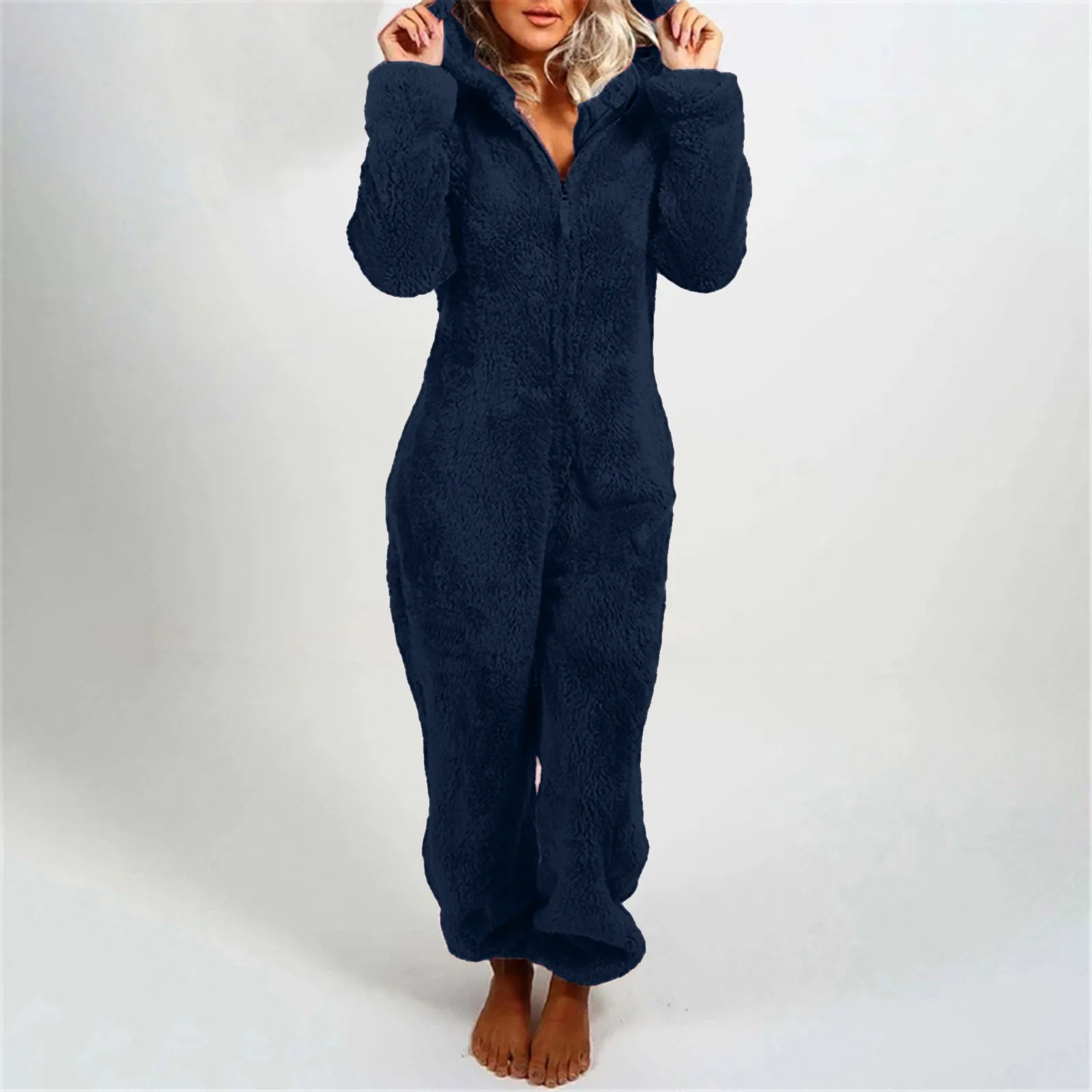 Winter Warm Pajamas Women Onesies Fluffy Fleece Jumpsuits Sleepwear Plus Size Hooded Stitch Pajamas Onesie For Women Adult