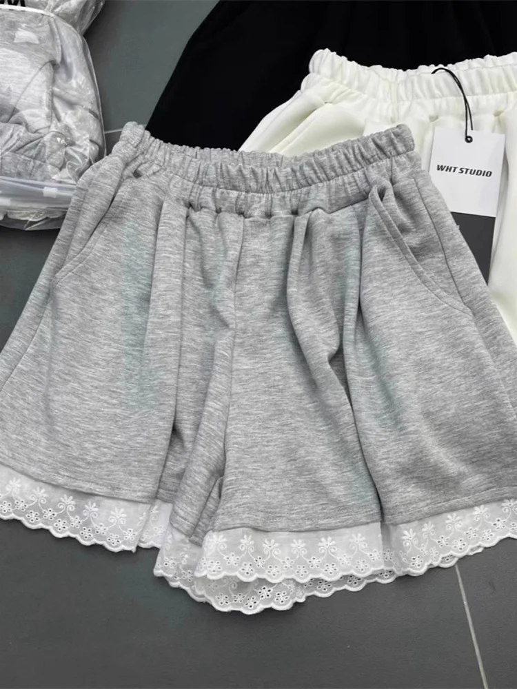 Lace Trim Casual Loose Women's Shorts Summer Versatile Slimming Elastic Waist Wide Leg Three-quarter Length Hot Pants