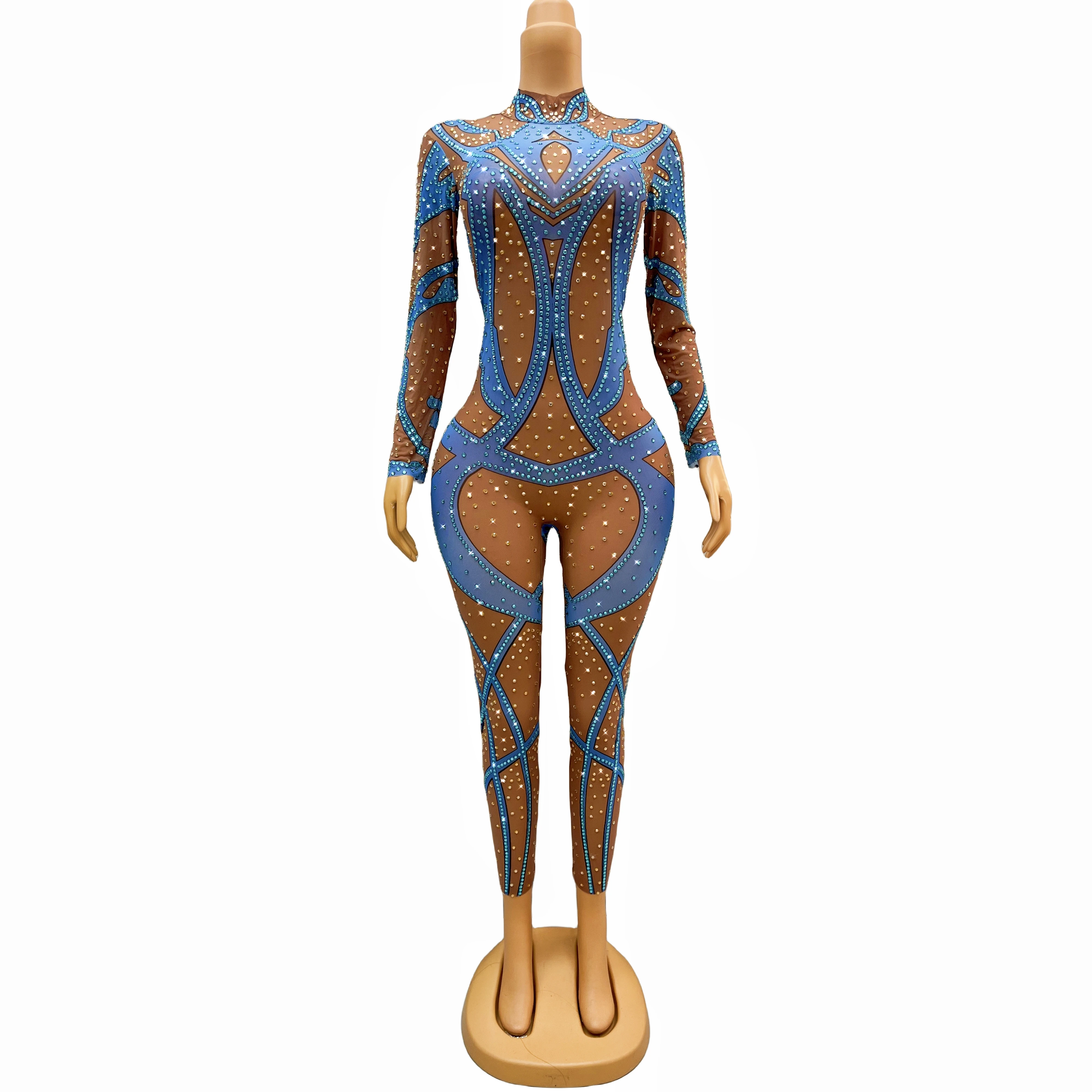 

Blue Gold Rhinestones Transparent Mesh Bodysuit Leggings Birthday Celebrate Sexy Jumpsuit Outfit Dance Team Costume lanjinyu