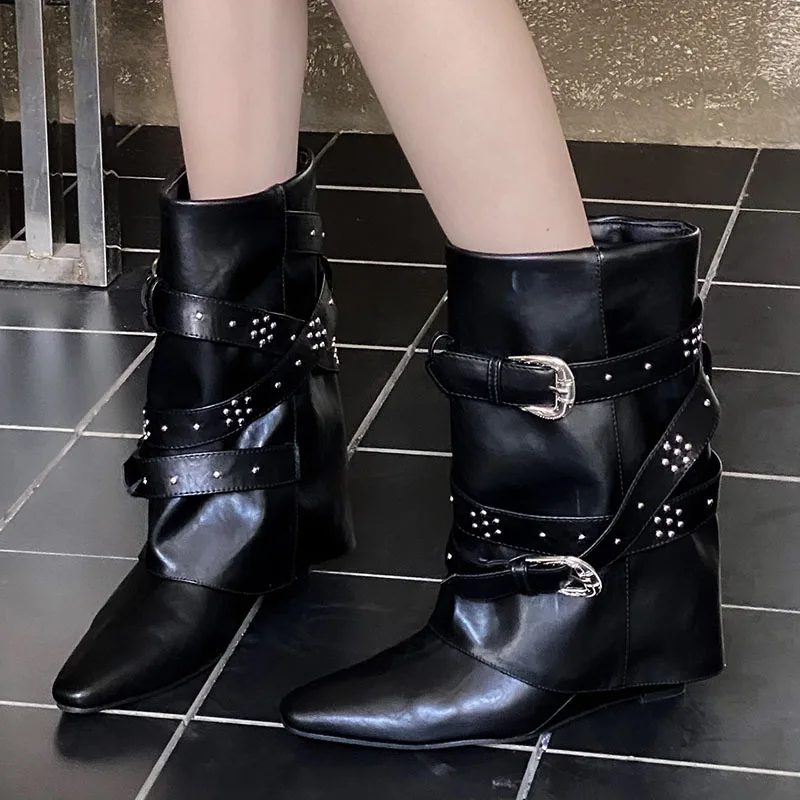 New Shoes With Wedges Women Ankle Boots  Autumn Winter Footwear Female Designer Buckle Fashion Rivet Ladies Short Modern Booties