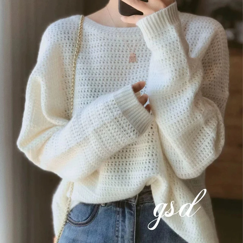 2024 Autumn/Winter New 100% Merino Wool Hollow Out Sweater Women's Clothing Korean Luxury Loose Large Cashmere Knitted Pullover