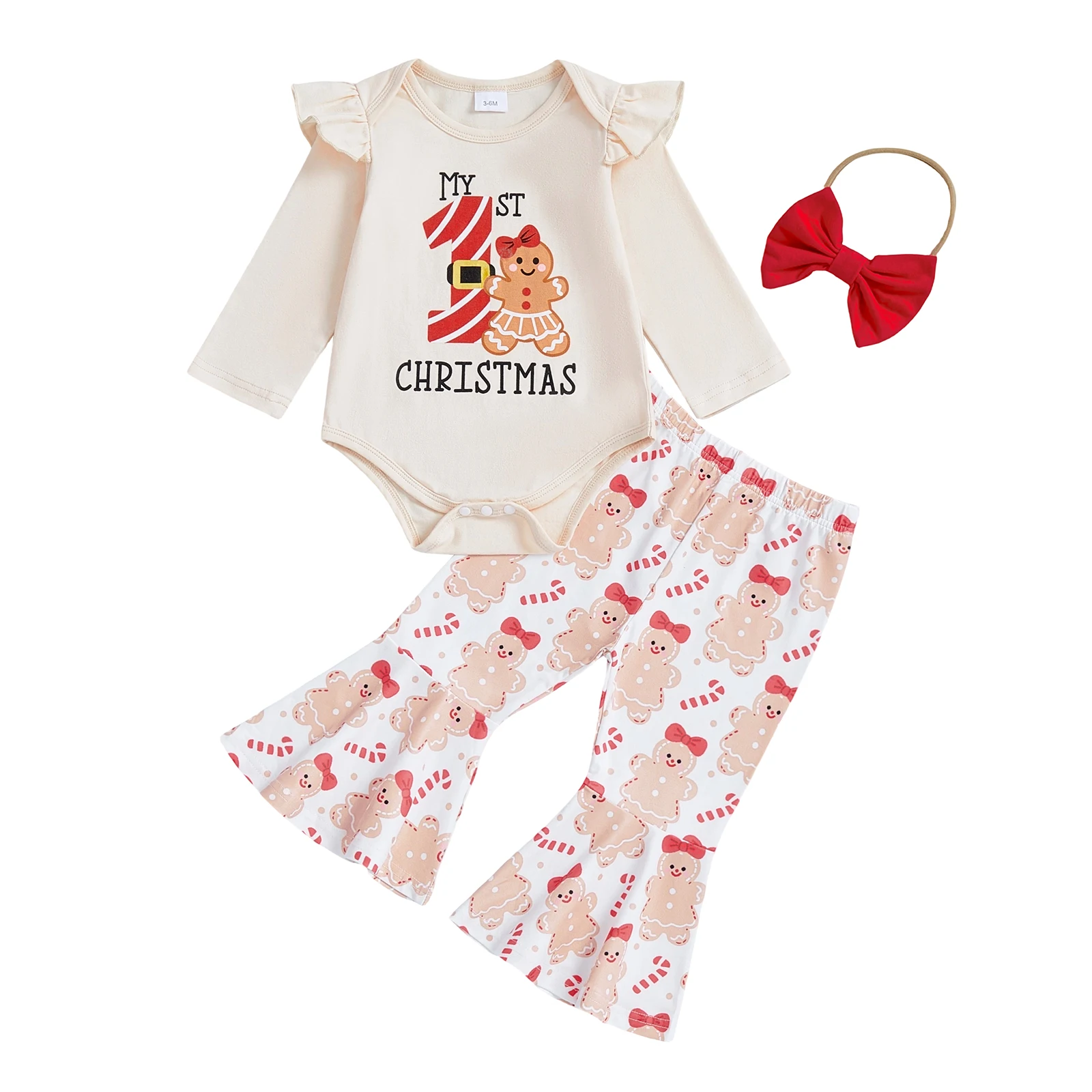 

Baby Girl First Christmas Outfits Letter Long Sleeve Romper Gingerbread Man Flare Pants Bow Headband 3 Pcs Set