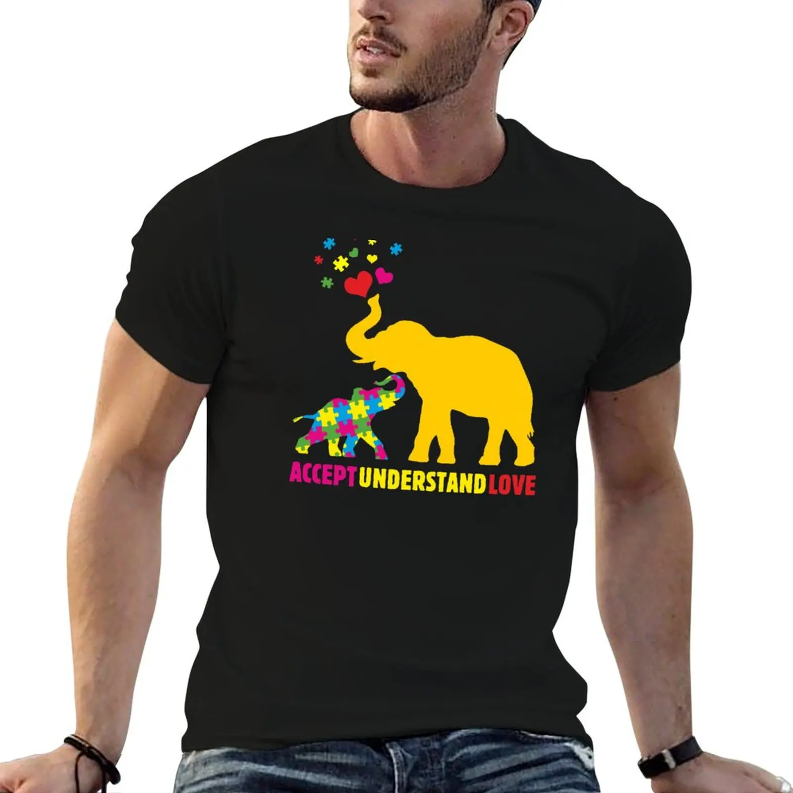 Autism Awarenesses Elephant Mom Accept Understand Love Cute Hearts Gift T-Shirt Casual All Match Tee Shirt for Men