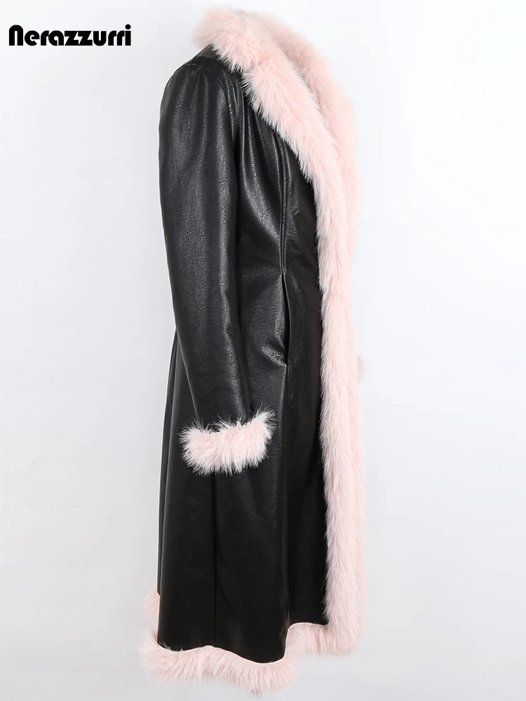 Nerazzurri Winter Long Black Fitted Thick Warm Pu Leather Coat Women with Pink Hairy Shaggy Fluffy Faux Fur Inside Runway Parka