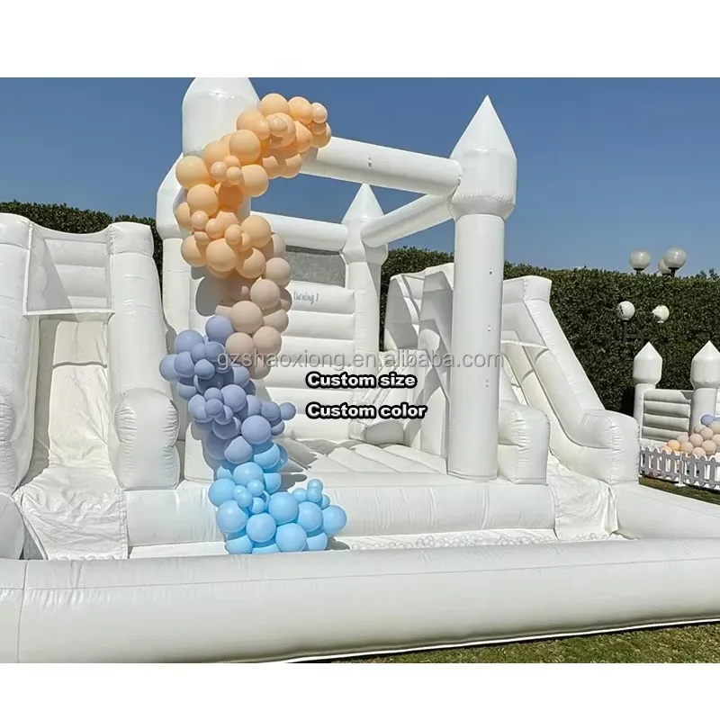 Castillo de casa de rebote blanco comercial, tobogán de agua, castillo de salto inflable, Combo de doble tobogán, bola, fiesta, boda