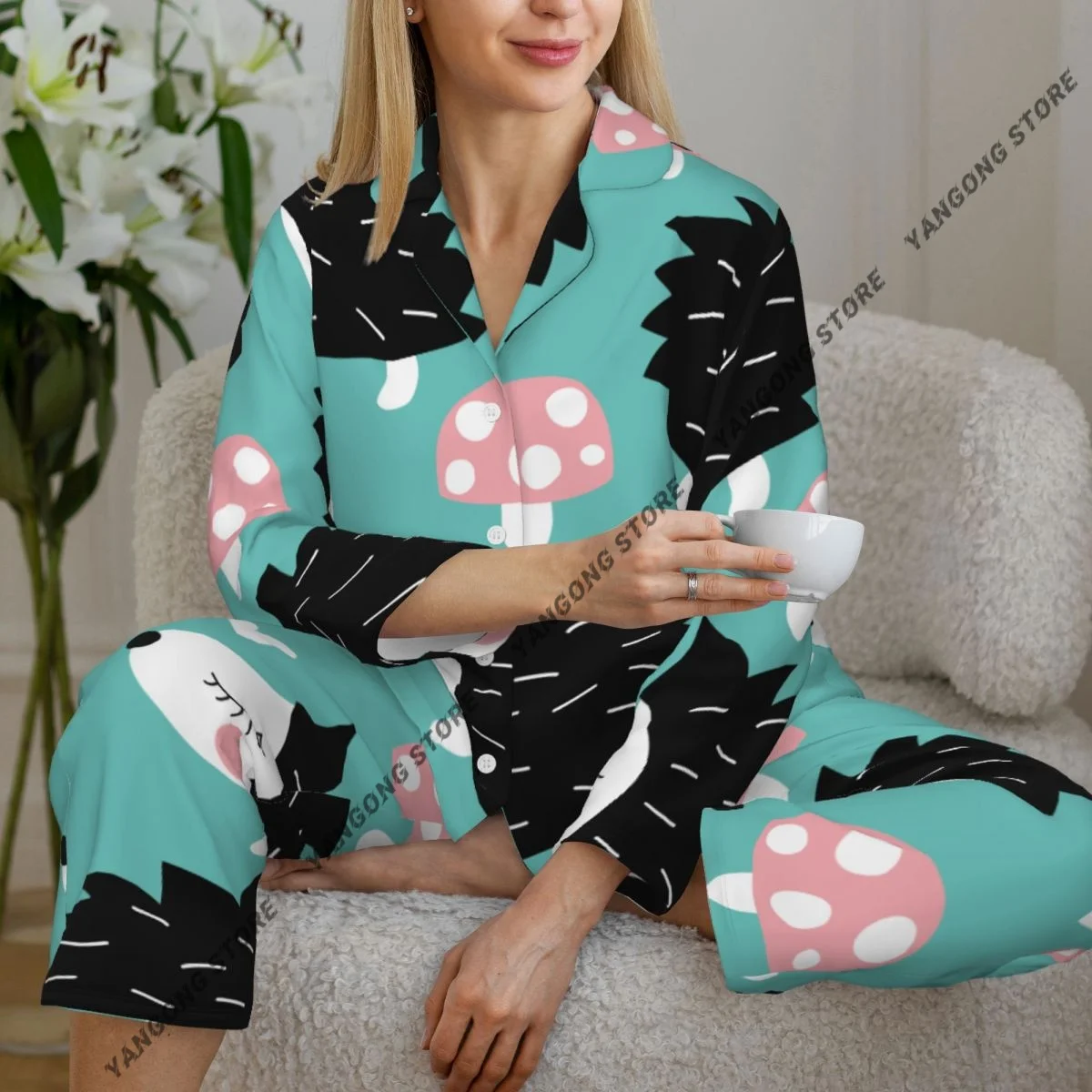 Spring and Autumn Long Sleeve Pants Pajamas Loungewear Set Cute Hedgehogs With Mushrooms Women's Pull Edge Loose Sleeping Suit