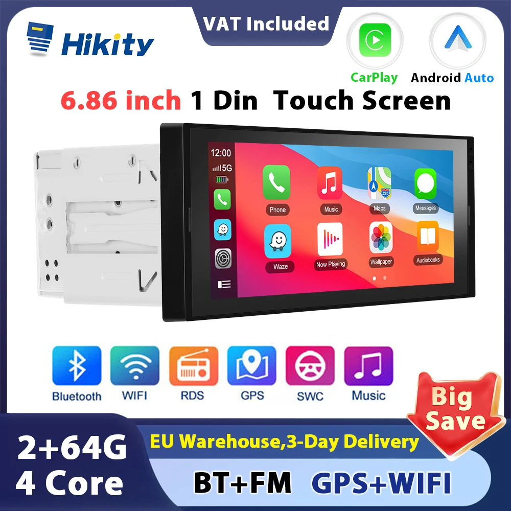 Hikity 6.9'' Touch Screen  Android 1din Car Radio 2+64G Carplay Car stereo with FM/RDS WIFI GPS Navigation Rear camera