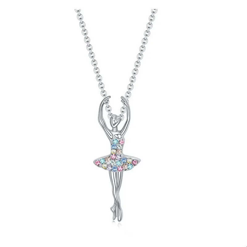 Crystal Charm Color Zircon Choker Dancing Girl Ballerina Dancer Pendant Necklace Jewelry Gift for Ballet Girls Women