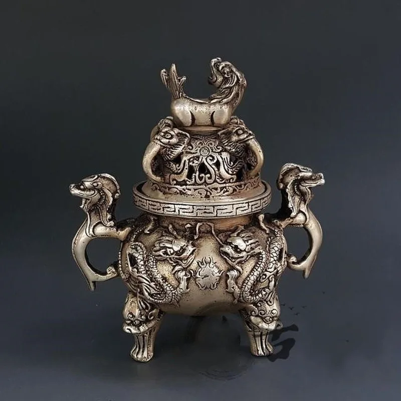 , white copper, brass incense burner silver plating, featuring a Pixiu design and a double dragon playing with a