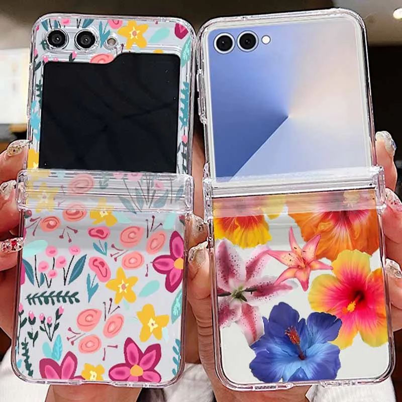 Rosa Blumen Handyhülle für Samsung Galaxy Z Flip 7 FE 7 6 5 4 3 5G Klare faltbare harte PC-Abdeckung für Samsung Z Flip7 Flip6 Flip5