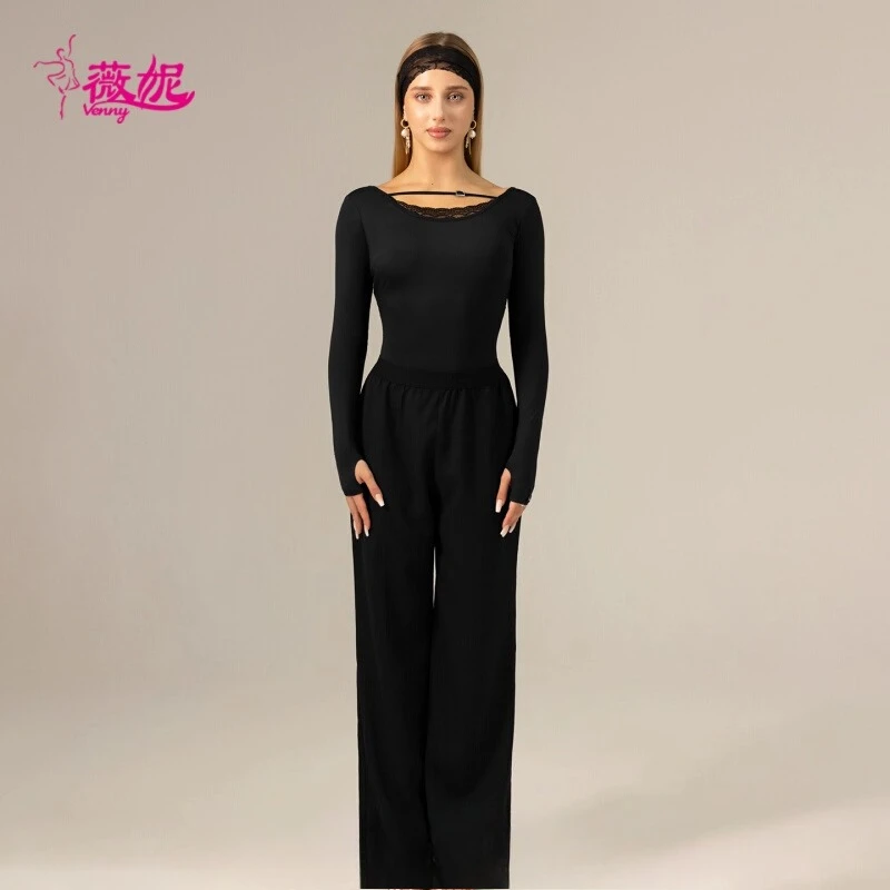 Vennystyle Latin dansjurk en apart-dames professionele ballroom broek met rechte pijpen, vloeistof gedrapeerde oefenbroek voor Latin