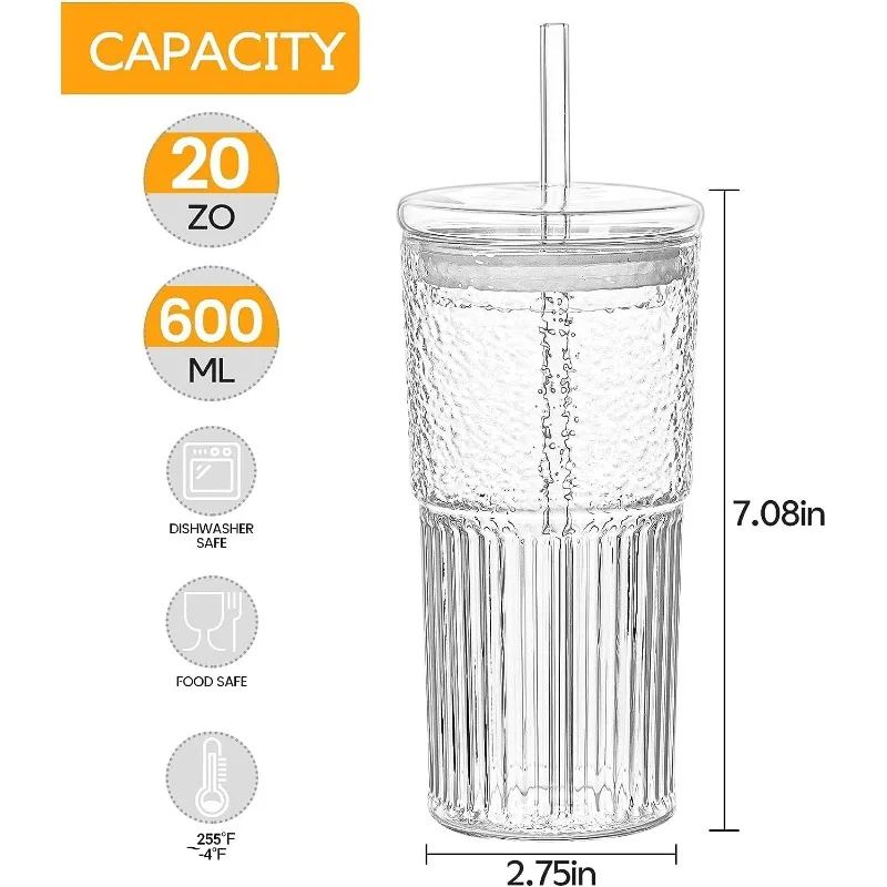 Glass Cups With Lids and Glass Straws，20 OZ 4pcs High Borosilicate Glass Tumbler Iced Coffee Water Smoothie