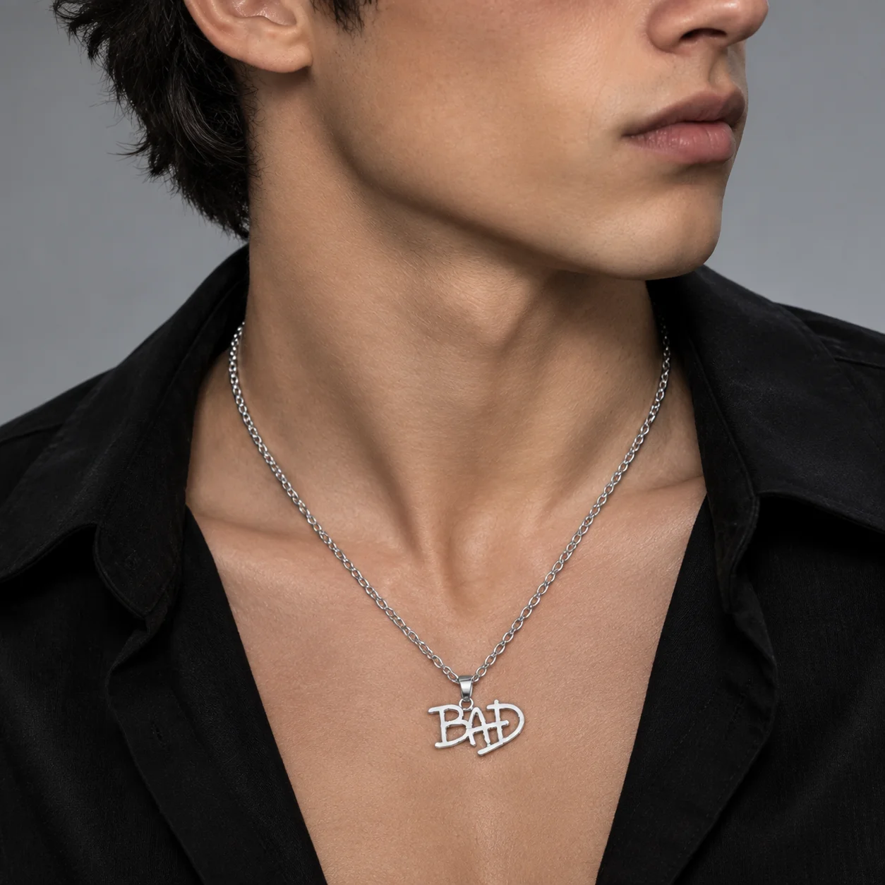 New Men Letter BAD Necklace Gift for Fans Hollow Simple Necklace Fashion Jewelry Metal Long Necklace Pendant Unisex Hip Hop Punk