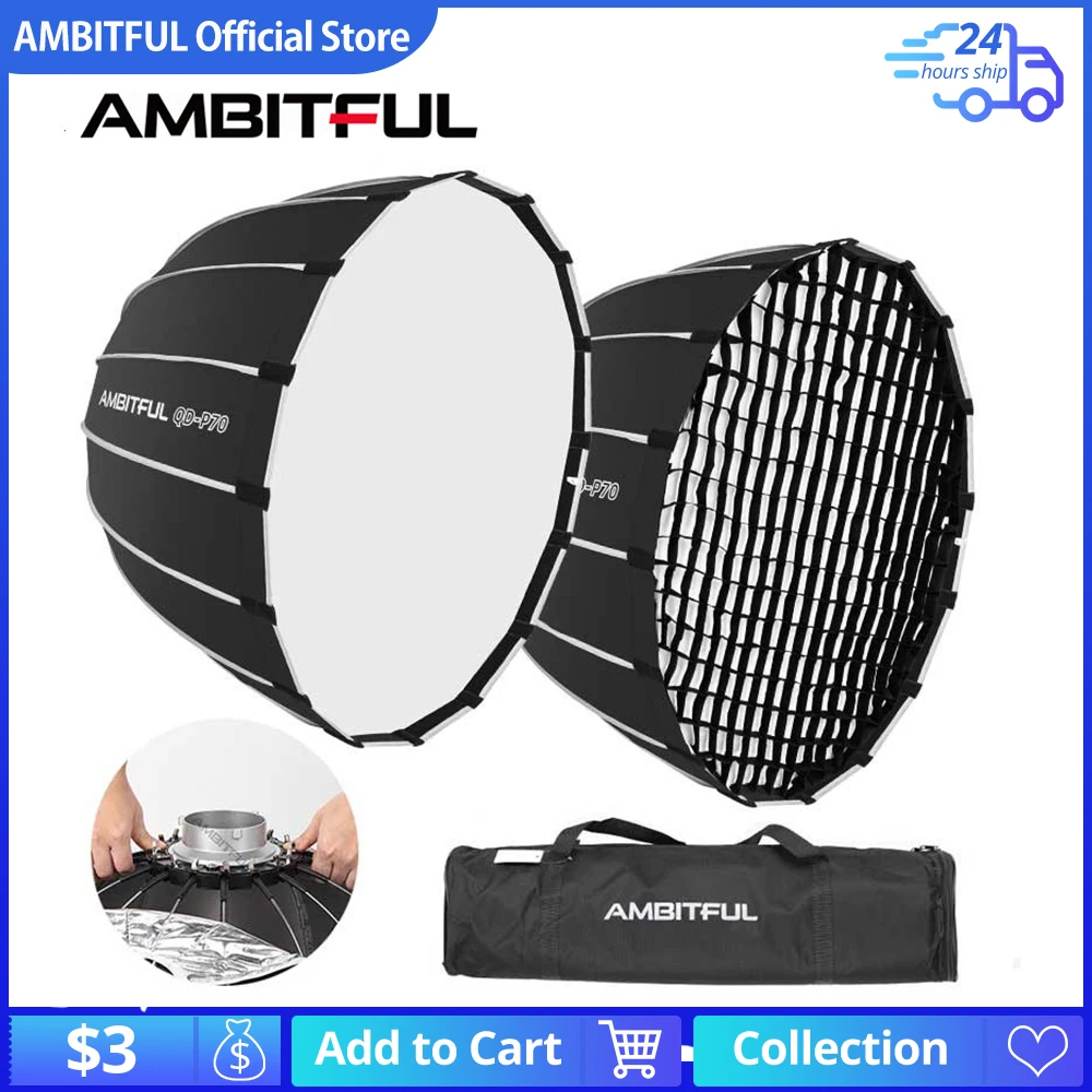 

AMBITFUL QD-P70 70CM QD-P90 90CM QD-P120 120CM Quickly Release Parabolic Deep Softbox Grid for Bowens Elincrhom Mount