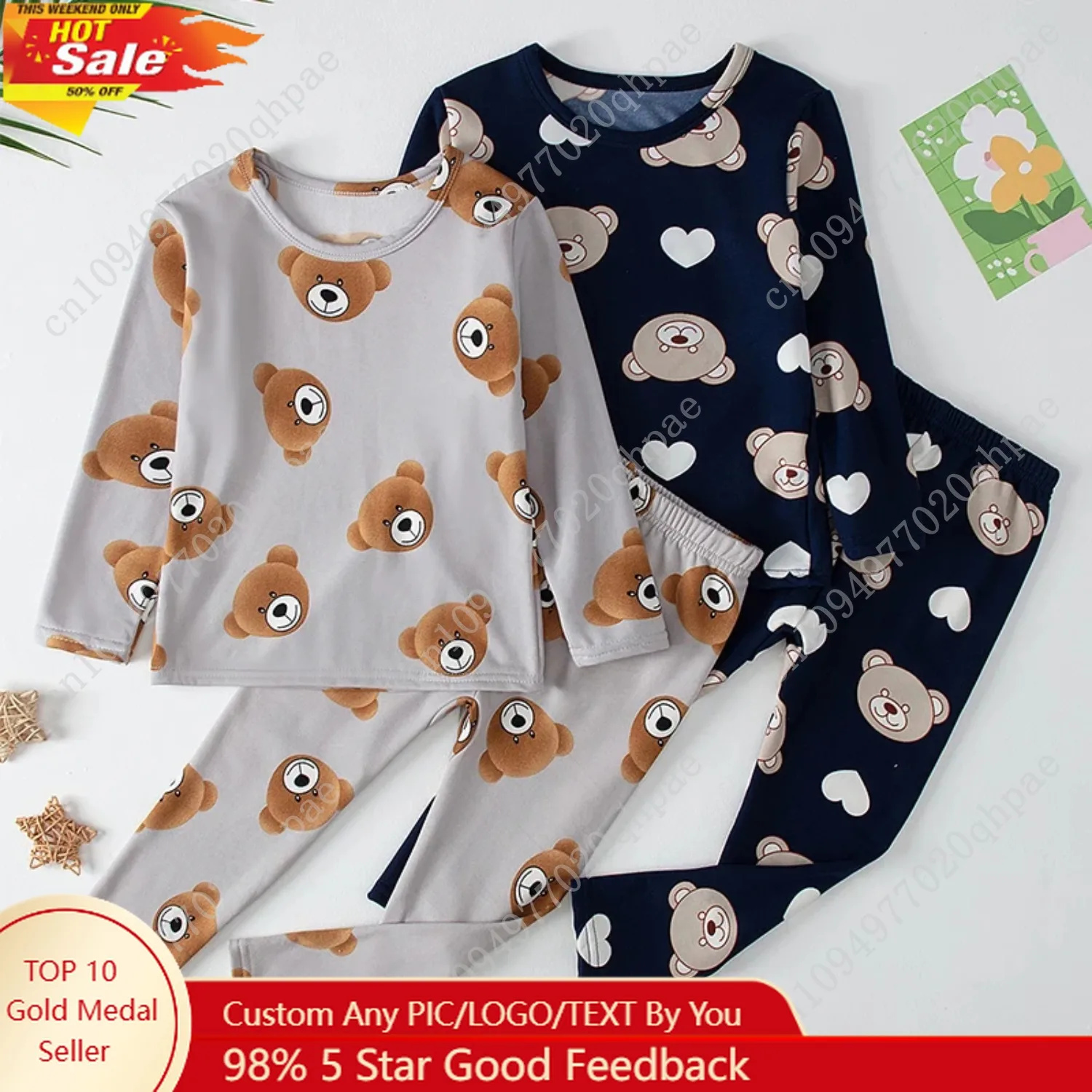 

2-piece 2024 new autumn children's cute bear long-sleeved trousers suit boy leisure and comfortable home cover girl Joker pajama
