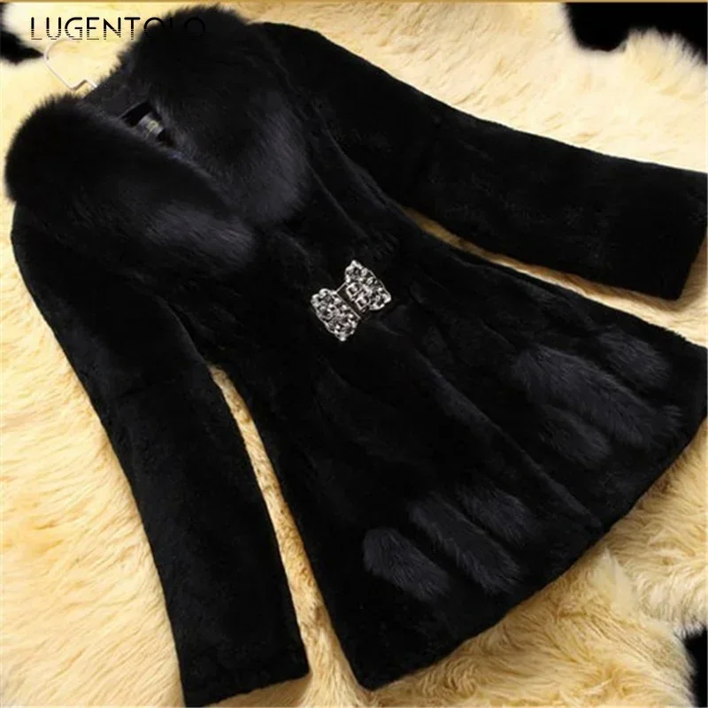 Women Faux Fur Coat Slim Fit Waist Diamond Button Large Size Long Sleeve Lady Turn-down Collar Full Jacket Cloth Available 6XL