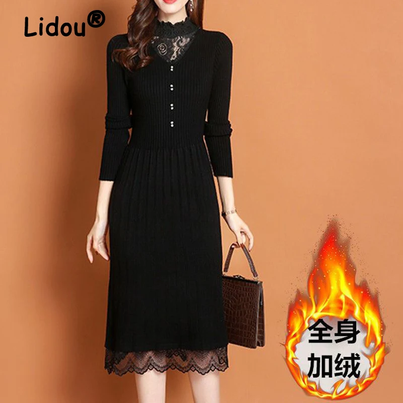 

Women Clothing 2023 Autumn Winter Sexy Lace Patchwork Elegant Knitted Dresses Korean Fashion Long Sleeve Slim Fleece Midi Dress