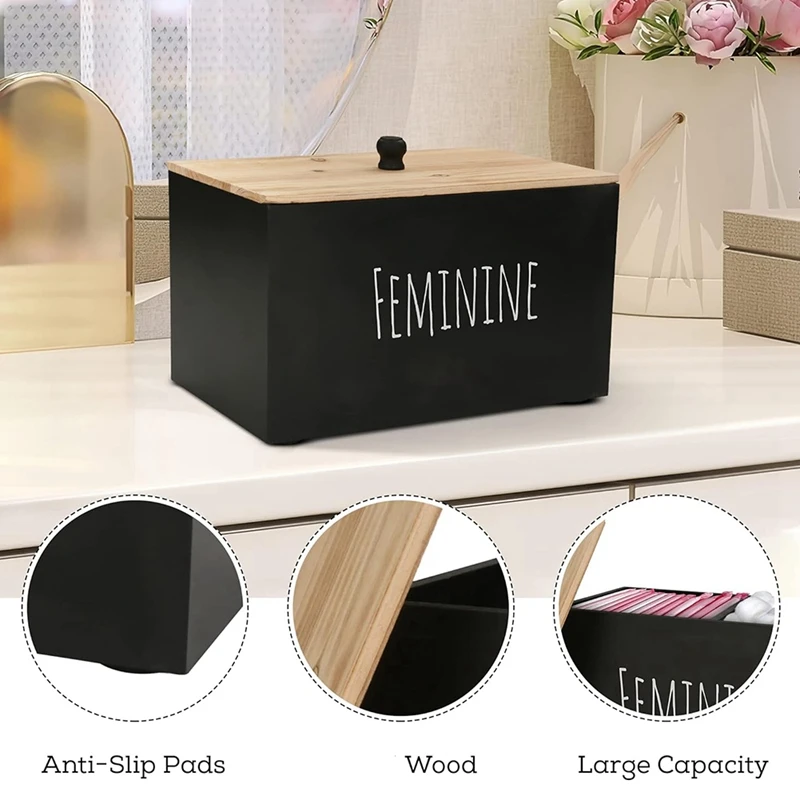Tampon Holder Storage for Bathroom, Feminine Wood Container Box, Women Product Organizer, Farmhouse Decor Black