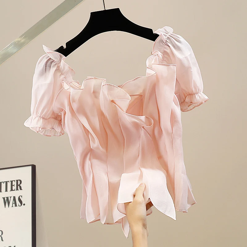 

Faionable Pleated Waist Cinched One oulder Sexy Bal Slim Fit ort Sve irt Korean Sle round Ne Commute Sle